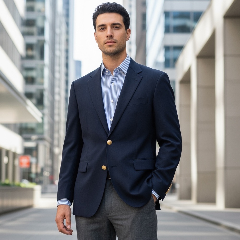 Hill&Archer Men’s Navy Blue Blazer Sport Coat 44L Gold Crest Buttons Classic Fit